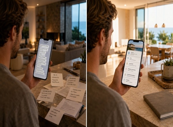 Split image showing guests searching messages versus using StayHub™