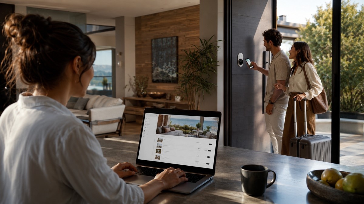 Host creating a StayHub on a laptop while guests scan the Trusted Stay Badge
