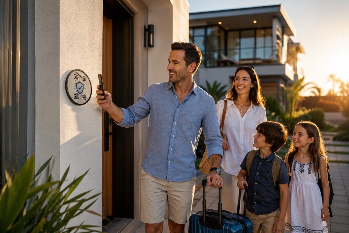 Golden-hour vacation rental with a family arriving and casually scanning the Trusted Stay™ Badge