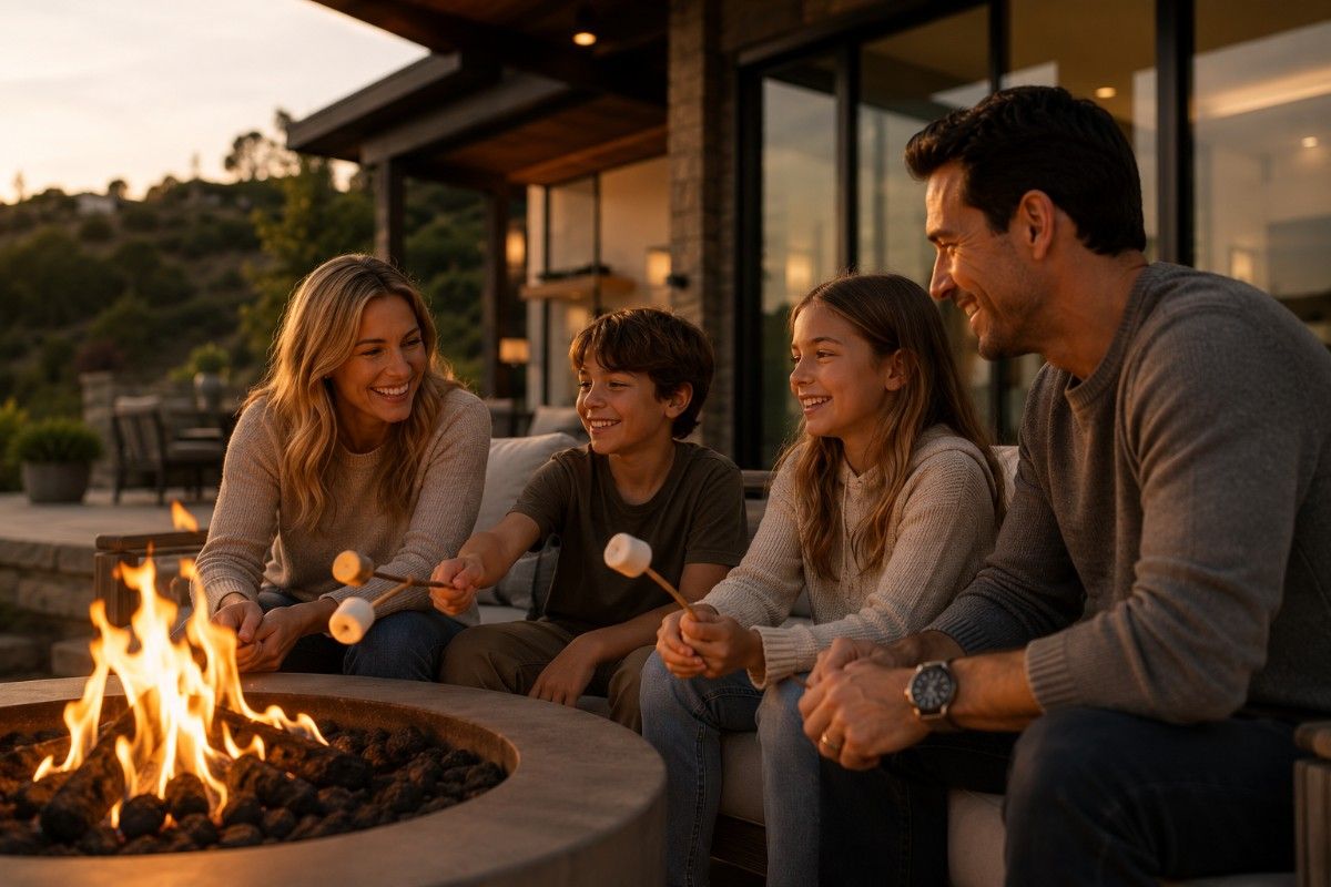 Family gathered around a fire pit at a vacation rental, replace with genuine asset