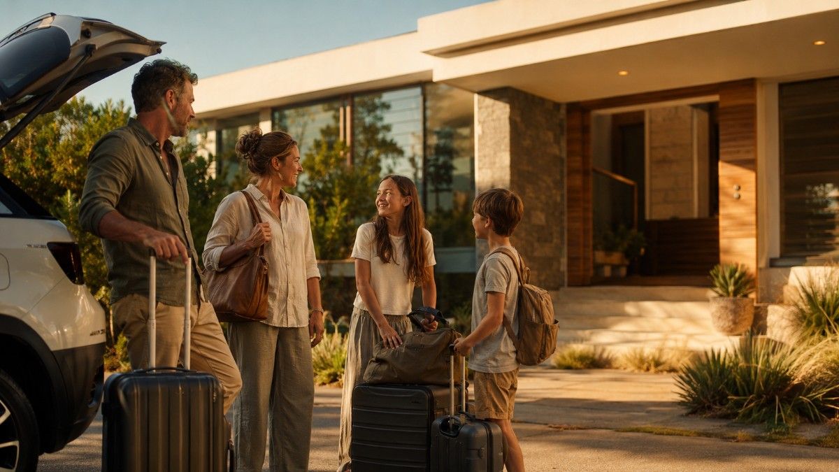 A family unloading luggage upon arrival at their vacation rental