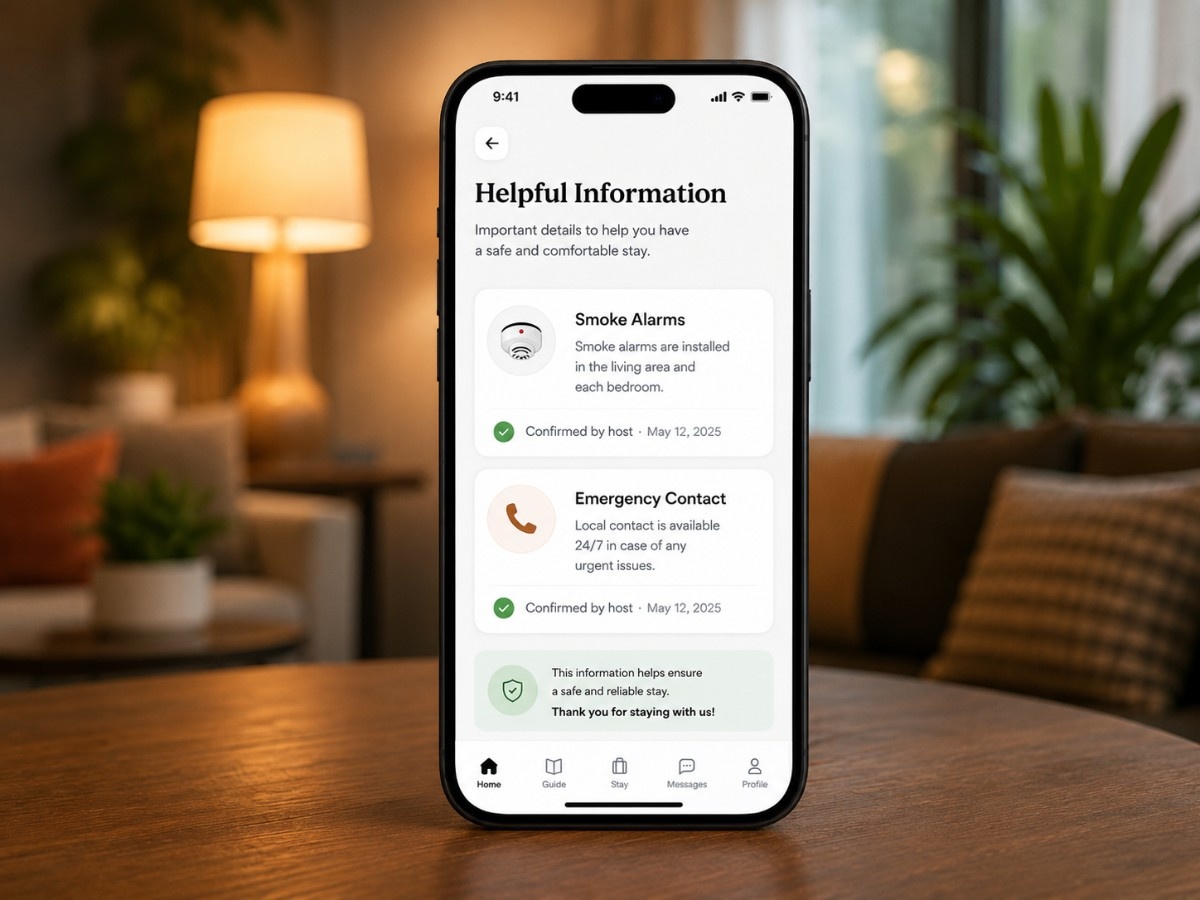 StayHub Helpful Information screen showing host-confirmed safety and emergency details