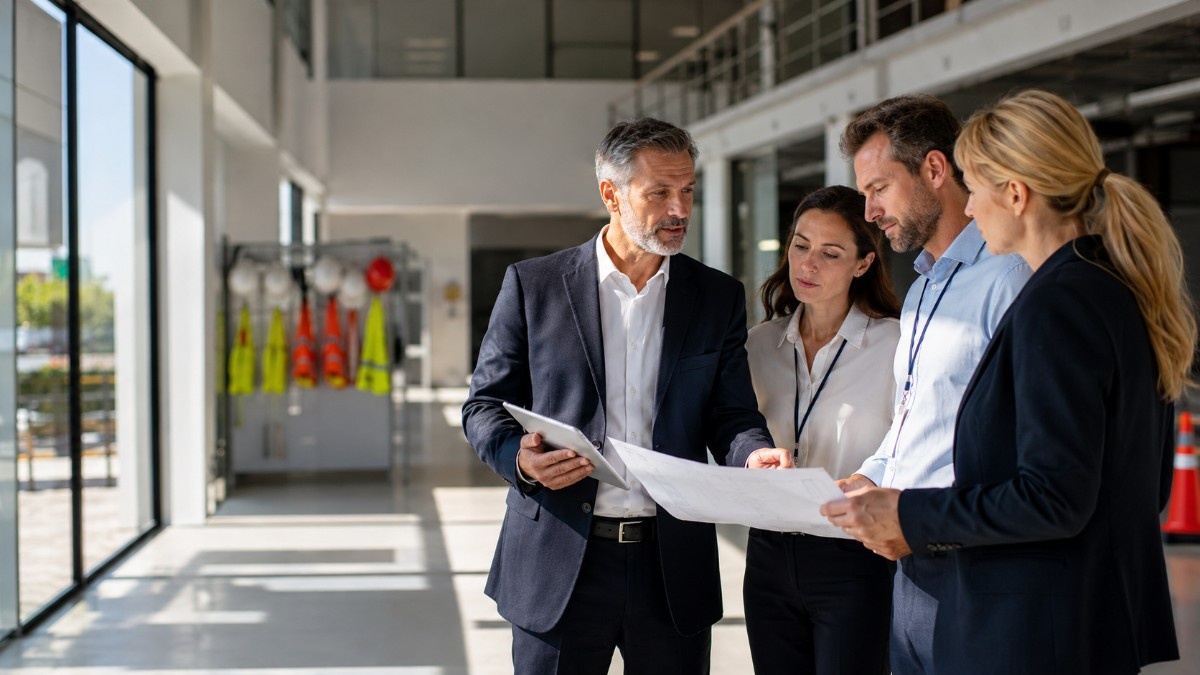 Professional safety consultant reviewing workplace safety operations with a business team