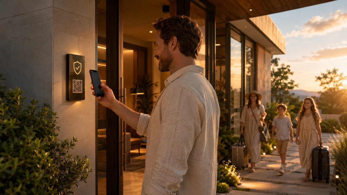 Elegant vacation rental entrance with a guest scanning a Trusted Stay badge beside the front door
