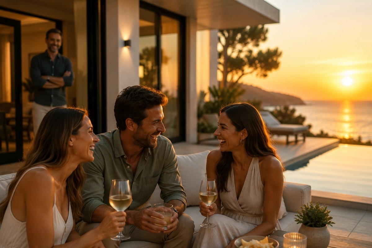 Beautiful vacation rental with guests enjoying their stay while the host quietly watches from a distance